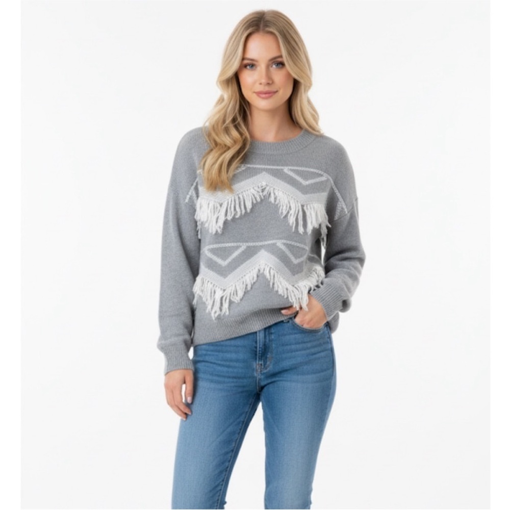 Anthropologie THML Gray Chevron Fringe Sweater size small
